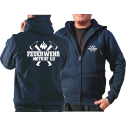 Hooded jacket navy, FEUERWEHR NOTRUF 112 with axes, in white