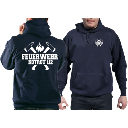 Hoodie navy, FEUERWEHR NOTRUF 112 with axes, in white