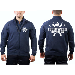 Sweat jacket navy, FEUERWEHR NOTRUF 112 with axes, in white