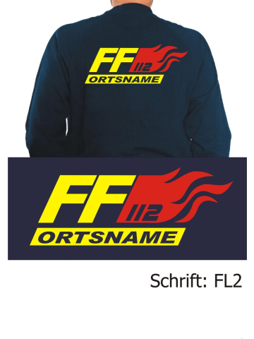 Sweat font "FL2" FF e nome del luogo nel neongiallo e fiamme nel rosso