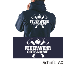Hoodie navy, font "AX"(two axes) with place-name