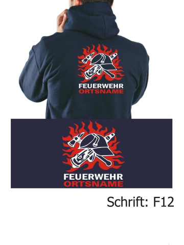 Hoodie navy, font "F12" DDR-FW-Helm in flames with place-name in white/red