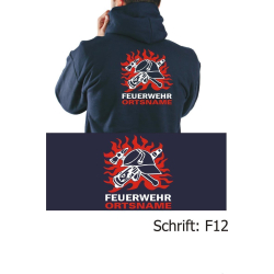 Hoodie navy, font "F12" DDR-FW-Helm in flames...