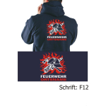 Hoodie navy, font "F12" DDR-FW-Helm in flames with place-name in white/red