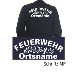 Sweat jacket navy, font "MF" (Flames in the middle) with place-name