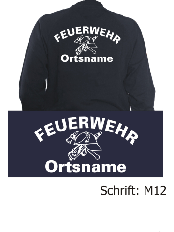 Sweatjacke navy, Schrift "M12" (DDR-FW-Helm) mit Ortsname