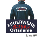 SmartSoftshelljacke blu navy, font "MFR" con nome del luogo nel bianco e rossoen fiamme