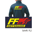 SmartSoftshelljacke navy, Schrift "FL2" FF mit Ortsname neongelb und Flammen rot