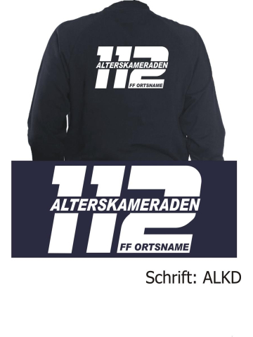 Chaqueta de sudor azul marino, Alterskameraden con ponga su nombre innerhalb einer "112" en blanco