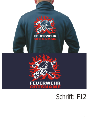 SmartSoftshelljacke navy, Schrift "F12" DDR-FW-Helm in flammen mit Ortsnamen in weiss/rot
