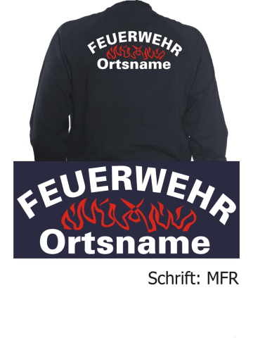 Giacca di sudore blu navy, font "MFR" con nome del luogo nel bianco e rossoen fiamme