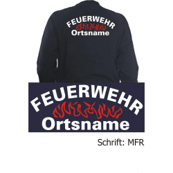 Sweat jacket navy, font "MFR" with place-name in white and reden flames