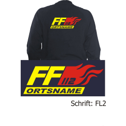 Sweat jacket navy, font "FL2" FF and place-name neonyellow and flames red