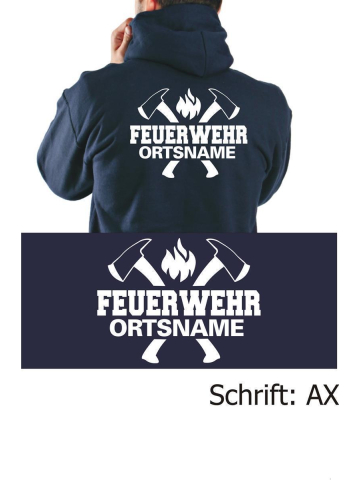 Hooded jacket navy, font "AX" (two axes) with place-name