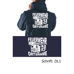 Hooded jacket navy, font "DL1" with place-name