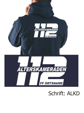 Hooded jacket navy, Alterskameraden with place-name innerhalb einer "112" in white