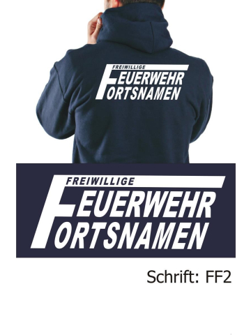 Hooded jacket navy, font "FF2" (with large "F") with place-name