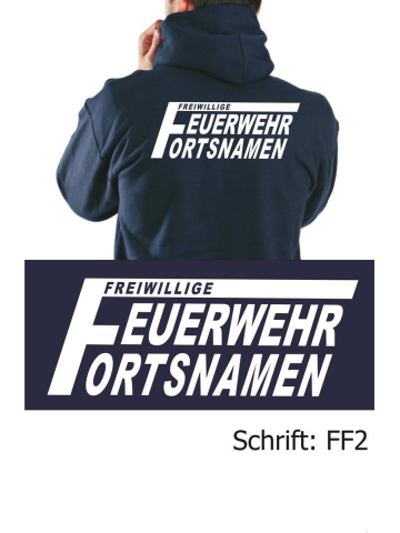 Giacca con cappuccio blu navy, font "FF2" (con grande "F") con nome del luogo