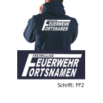 Giacca con cappuccio blu navy, font "FF2" (con grande "F") con nome del luogo