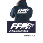 Giacca con cappuccio blu navy, font "FL1" (con fiamme) con nome del luogo