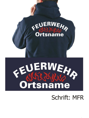 Hooded jacket navy, font "MFR" with place-name in white and reden flames