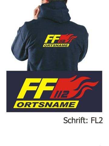 Kapuzenjacke navy, Schrift "FL2" mit Ortsnamen in neongelb und Flammen in rot