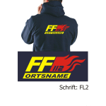 Hooded jacket navy, font "FL2" with place-name in neonyellow and flames in red