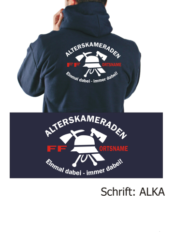Hooded jacket navy, Alterskameraden with place-name "einmal dabei - immer dabei" (white/red)