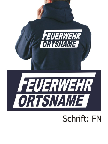 Giacca con cappuccio blu navy, font "FN" (kursiv) con nome del luogo