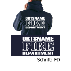 Hoodie marin, police de caractère "FD" (Fire Department) avec nom de lieu