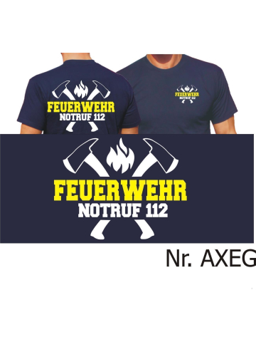 T-Shirt navy, FEUERWEHR NOTRUF 112 mit Äxten (weiß/gelb)