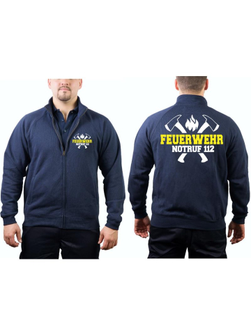 Sweat jacket navy, FEUERWEHR NOTRUF 112 with axes (white/yellow)