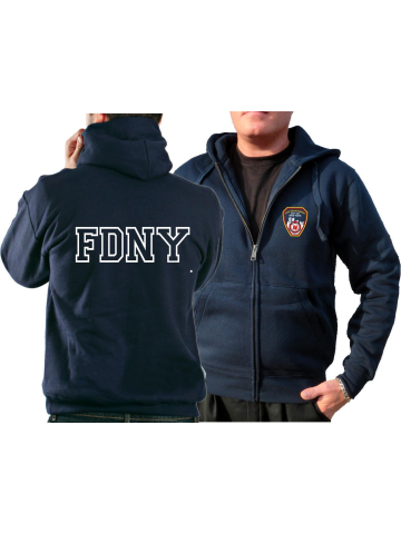 Giacca con cappuccio blu navy, New York City Fire Dept. con fabrigem Brustlogo e Outline-font auf Rücken