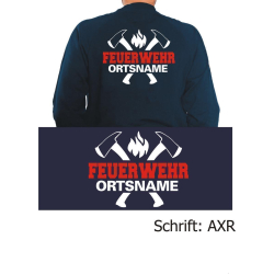 Sweat jacket navy, font "AXR" FEUERWEHR place-name with axes in white/red