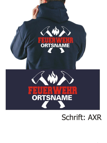 Hooded jacket navy, font "AXR" FEUERWEHR place-name with axes in white/red