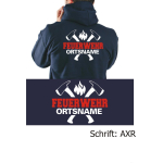Giacca con cappuccio blu navy, font "AXR" FEUERWEHR nome del luogo con assin nel bianco/rosso
