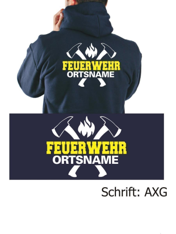 Hooded jacket navy, font "AXG" FEUERWEHR place-name with axes in white/yellow