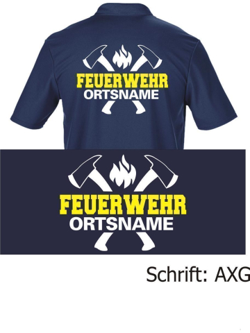 Polo font "AXG" FEUERWEHR place-name with axes in white/yellow