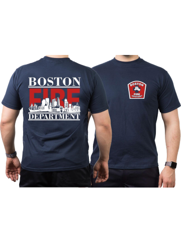 T-Shirt navy, Boston Fire Dept. mit Boston-Skyline (red/white)