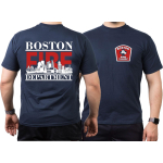 T-Shirt blu navy, Boston Fire Dept. con Boston-Skyline (red/white)