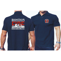Polo blu navy, Boston Fire Dept. con Boston-Skyline...