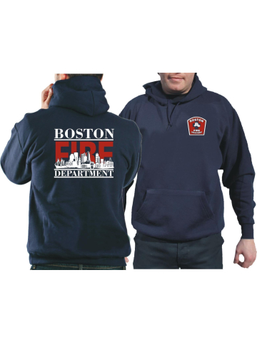 Hoodie azul marino, Boston Fire Dept. con Boston-Skyline (rojo/blanco)