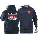 Hoodie azul marino, Boston Fire Dept. con Boston-Skyline (rojo/blanco)