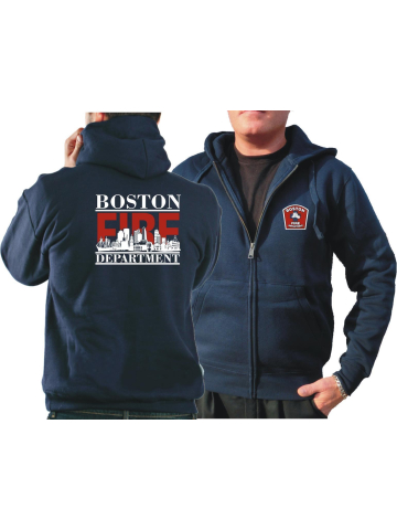 Chaqueta con capucha azul marino, Boston Fire Dept. con Boston-Skyline (rojo/blanco)