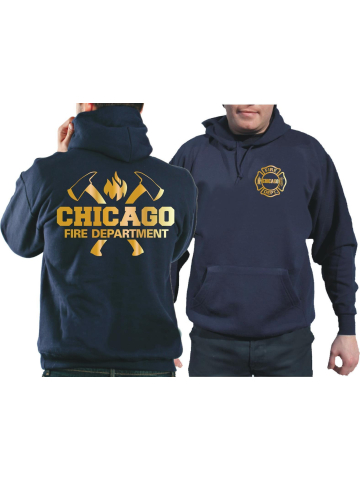 CHICAGO FIRE Dept. axes and flames, GOLD edition, azul marino Hoodie
