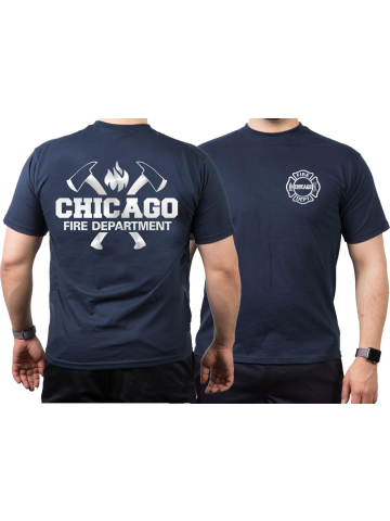 CHICAGO FIRE Dept. axes and flames, SILVER edition, blu navy T-Shirt