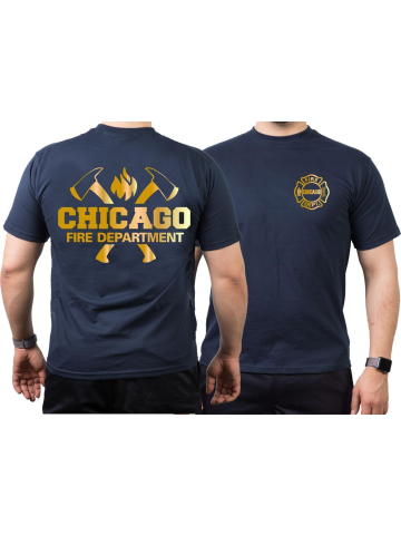 CHICAGO FIRE Dept. axes and flames, GOLD edition, azul marino T-Shirt