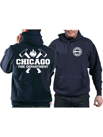 CHICAGO FIRE Dept. axes and flames, navy Hoodie, XL