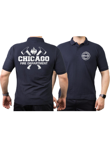 CHICAGO FIRE Dept. axes and flames, SILVER edition, blu navy Polo
