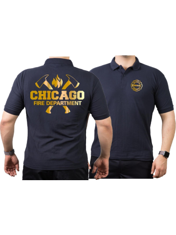 CHICAGO FIRE Dept. axes and flames, GOLD edition, navy Polo